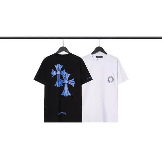 Chrome Heart T Shirts Blue Cross Loose Crew Neck Short Sleeve